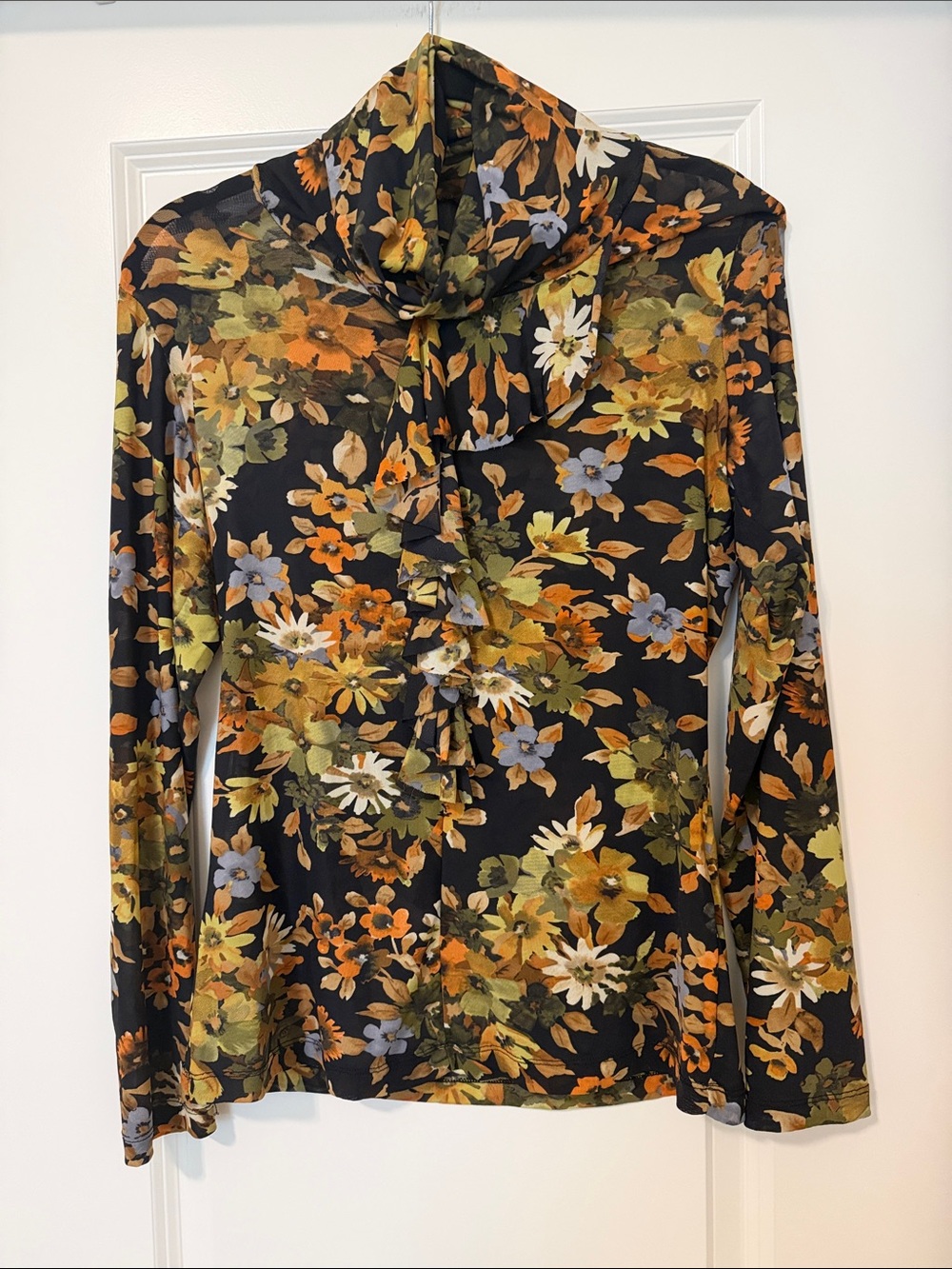 Vintage Y2K Miss Sixty Black Floral Long-Sleeve Mesh Top, Size 10, EUC